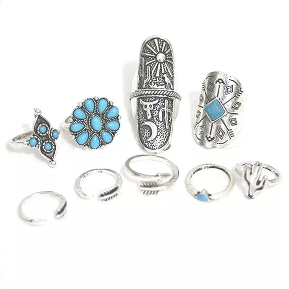 9pcs Boho Women ring set desert southwestern NEW silver tone